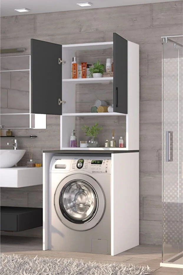 Üst Dolaplı Çok Amaçlı Çamaşır Makinesi Banyo Dolabı Beyaz